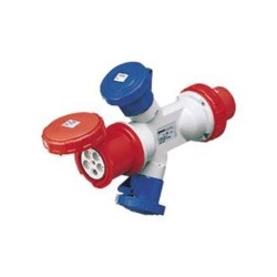 Multiplicateur adaptateur mobile fiche CEI mâle 63A 3P+N+T 400V vers 2 prises CEI femelles 32A 2P+T 230V + 1 prise CEI femelle 6