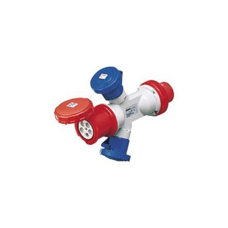 Multiplicateur adaptateur mobile fiche CEI mâle 63A 3P+N+T 400V vers 2 prises CEI femelles 32A 2P+T 230V + 1 prise CEI femelle 6